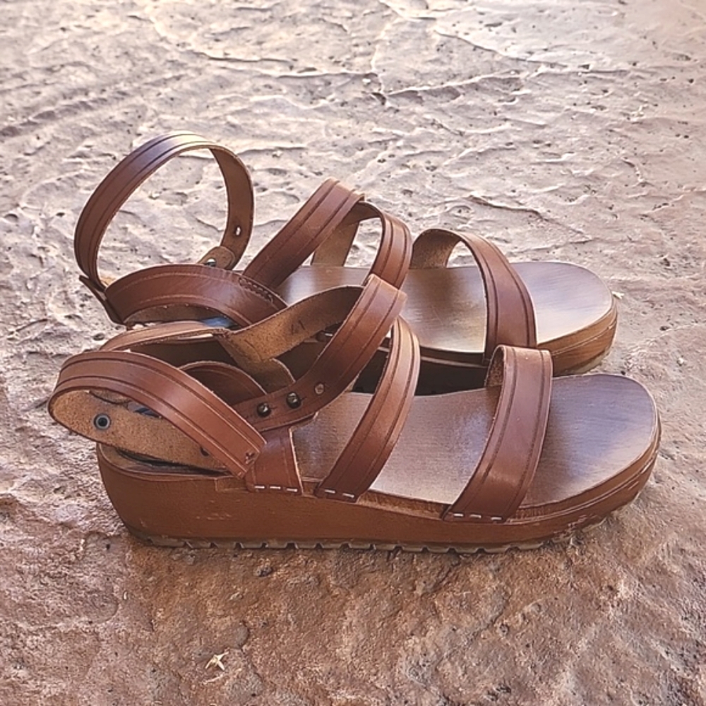 SWEDISH HASBEENS Jesus Ankle Sandals 41 11 Clogs Cognac Leather Strappy RARE - Picture 14 of 15